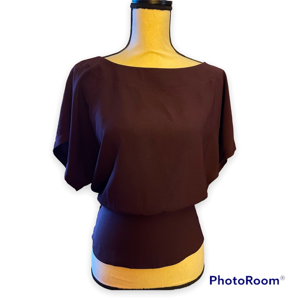 Ann Taylor Petite plum short sleeve blouse with tie waist
